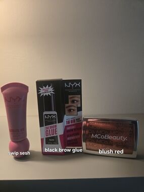 NYX & Mcobeauty The Brow Glue in Black with  Red Blush Compact & Swip Sesh Matt